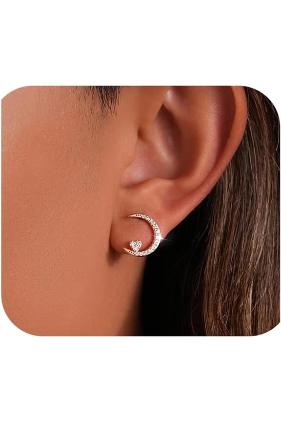 14K Silver Plated Dainty Crescent Moon Star Earring for Women 925 Sterling Silver Cubic Zirconia Love Heart Moon Stud Earring Trendy Christmas Wedding Jewelry Gift