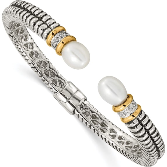 14K/Silver Two-Tone Ss With 14K True Fw Cultured Pearl & Diamond Cuff Bracelet Made In India qtc100