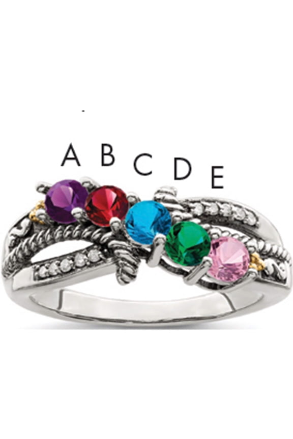 14K/Silver Two-Tone Sterling Silver & 14K Five-Stone And Diamond Mother's Ring Semi-Mount (Size 5) Made In Thailand qmr39/5-5