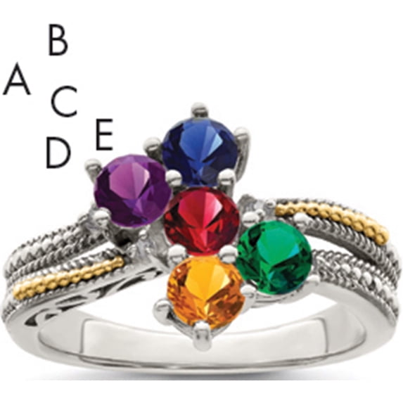 14K/Silver Two-Tone Sterling Silver & 14K Five-Stone And Diamond Mother's Ring Semi-Mount (Size 6) Made In Thailand qmr24/5-6