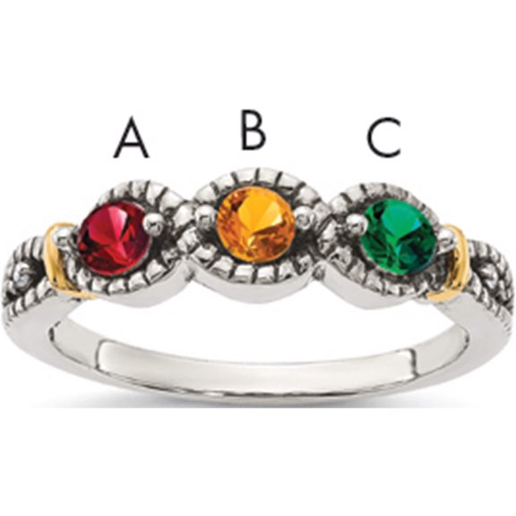 14K/Silver Two-Tone Sterling Silver & 14K Three-Stone And Diamond Mother's Ring Semi-Mount (Size 7) Made In Thailand qmr28/3-7