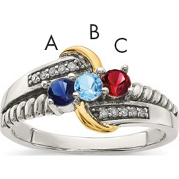 14K/Silver Two-Tone Sterling Silver & 14K Three-Stone And Diamond Mother's Ring Semi-Mount (Size 7) Made In Thailand qmr37/3-7