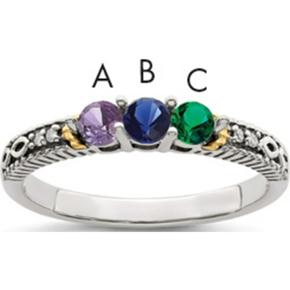 14K/Silver Two-Tone Sterling Silver & 14K Three-Stone And Diamond Mother's Ring Semi-Mount (Size 8) Made In Thailand qmr33/3-8