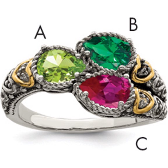 14K/Silver Two-Tone Sterling Silver & 14K Three-Stone And Diamond Mother's Ring Semi-Mount (Size 9) Made In Thailand qmr20/3-9