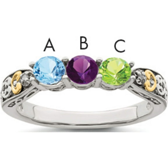 14K/Silver Two-Tone Sterling Silver & 14K Three-Stone And Diamond Mother's Ring Semi-Mount (Size 9) Made In Thailand qmr23/3-9