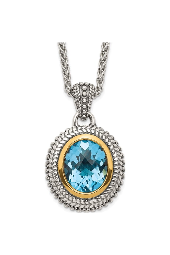 14K/Silver Two-Tone Sterling Silver With 14K Accent Antiqued Light Swiss Blue Topaz Necklace (18 X 18.58) Made In Thailand qtc1597