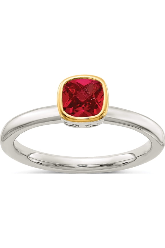 14K/Silver Two-Tone Sterling Silver With 14K Accent Created Ruby Ring (Size 8) Made In Thailand qtc1742-8