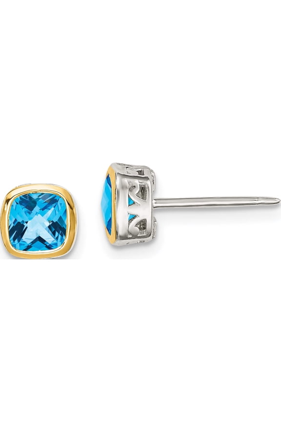 14K/Silver Two-Tone Sterling Silver With 14K Accent Light Swiss Blue Topaz Square Stud Earrings (6.5 X 6.5) Made In Thailand qtc1726
