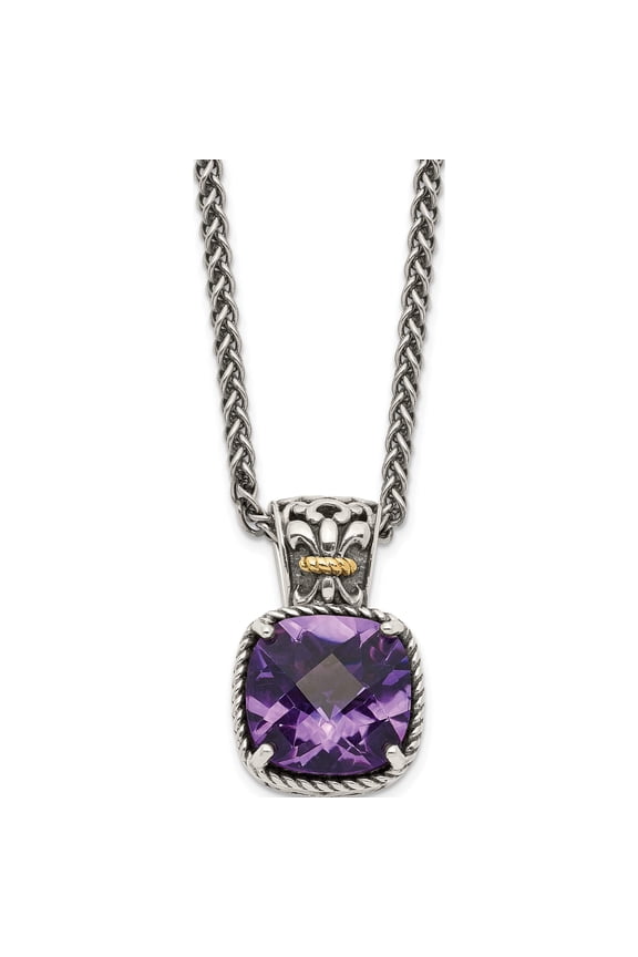 14K/Silver Two-Tone Sterling Silver With 14K Amethyst Necklace (18 X 12) Made In Thailand qtc731