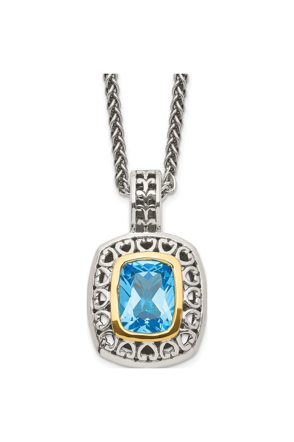 14K/Silver Two-Tone Sterling Silver With 14K Antiqued Light Swiss Blue Topaz Necklace Made In Thailand qtc1060