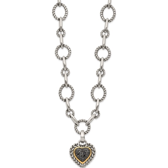 14K/Silver Two-Tone Sterling Silver With 14K Black Diamond Heart Drop Necklace (17 X 15) Made In Thailand qtc179x