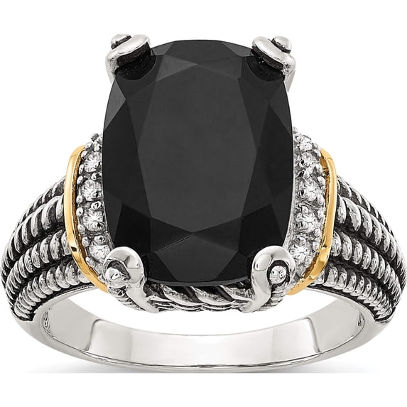 14K/Silver Two-Tone Sterling Silver With 14K Black Onyx & White Diamond Ring (Size 7) Made In Thailand qtc1205-7
