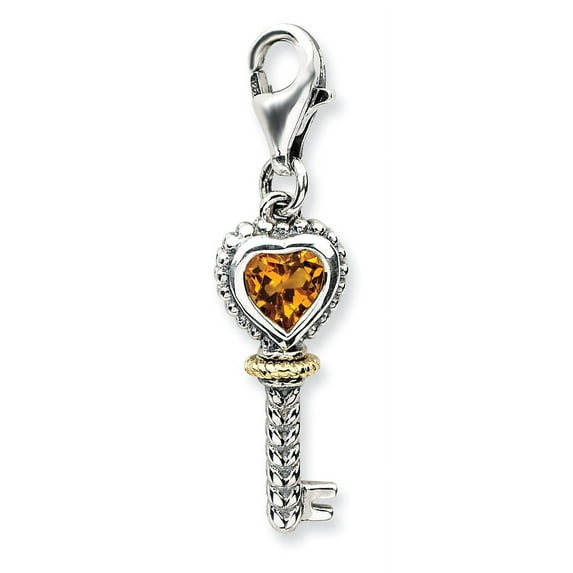 14K/Silver Two-Tone Sterling Silver With 14K Citrine Antiqued Key Lobster Clasp Charm (40 X 8) Made In Thailand qtc493