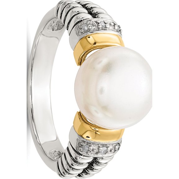 14K/Silver Two-Tone Sterling Silver With 14K Diamond & Fw Cultured Pearl Ring (Size 8) Made In Thailand qtc72-8