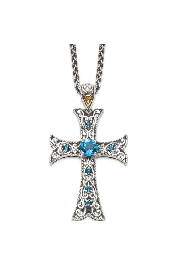 14K/Silver Two-Tone Sterling Silver With 14K London Blue Topaz Cross Necklace Made In Thailand qtc1378