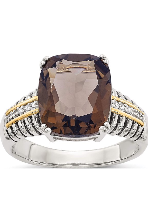 14K/Silver Two-Tone Sterling Silver With 14K Smoky Quartz & Diamond Ring (Size 6) Made In Thailand qtc95-6