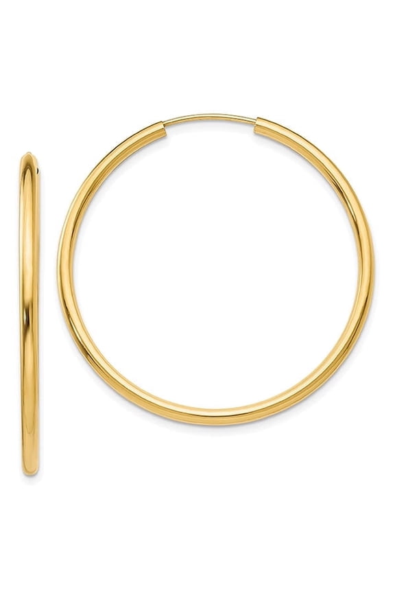 14K Solid Gold 1 1/2 Inch Plain Hoop Earrings,  2mm Thick