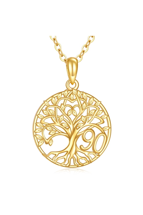 14K Solid Gold 90th Birthday Gifts for Women Tree of Life Necklace Jewelry for Mother Grandma