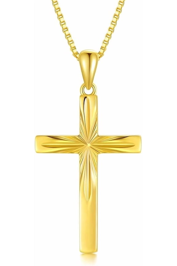 14K Solid Gold Cross Necklace With Durable Box Chain, Sparkling Gold Italian Diamond-cut Crucifix Cross Pendant Religious Confirmation Jewelry for Women 18" Gold Box Chain