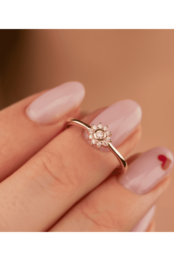14K Solid Gold Dainty Flower CZ Ring