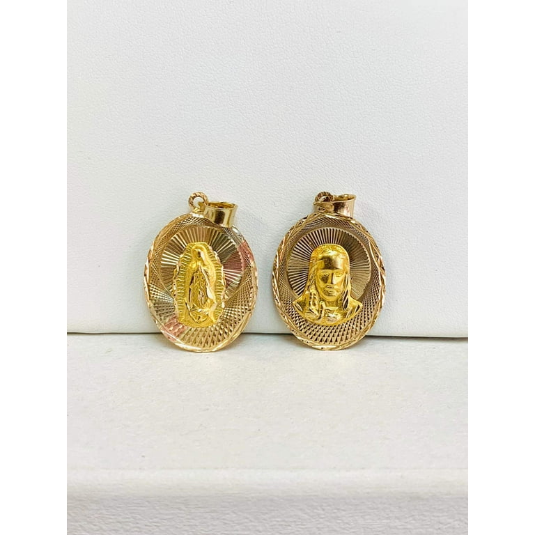 14K Solid Gold Double Face Guadalupe Jesus Pendant Two Sided