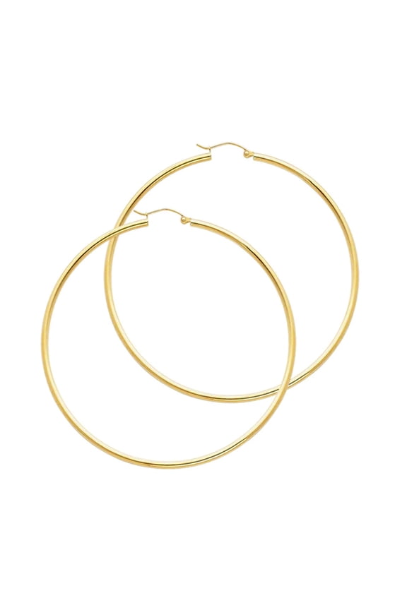 14K Solid Gold Hoop Earrings 55 mm diameter 2 mm wide Secured click top settings