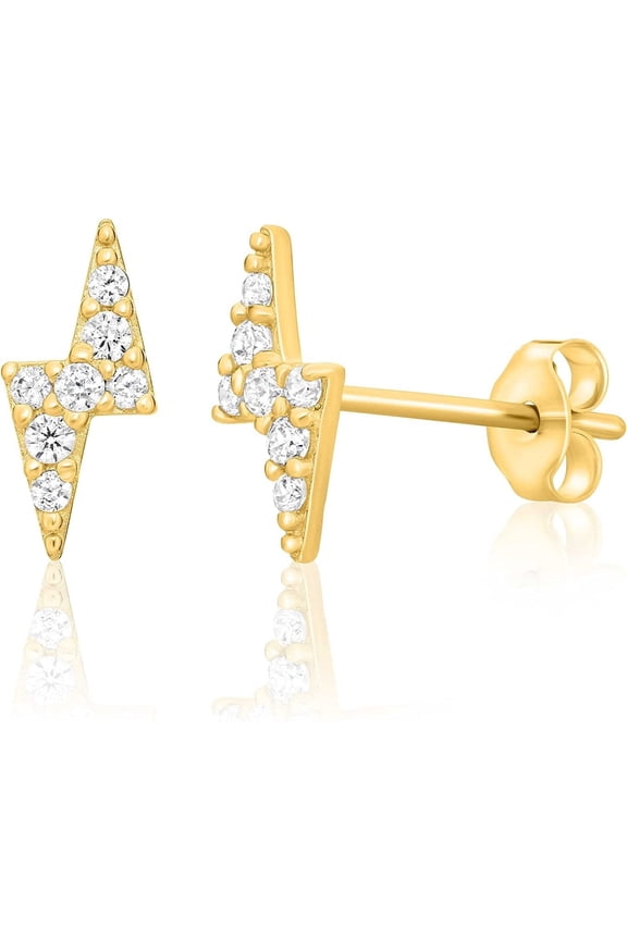 14K Solid Gold Lightning Bolt Stud Earrings Cubic Zirconia CZ Stones for Women