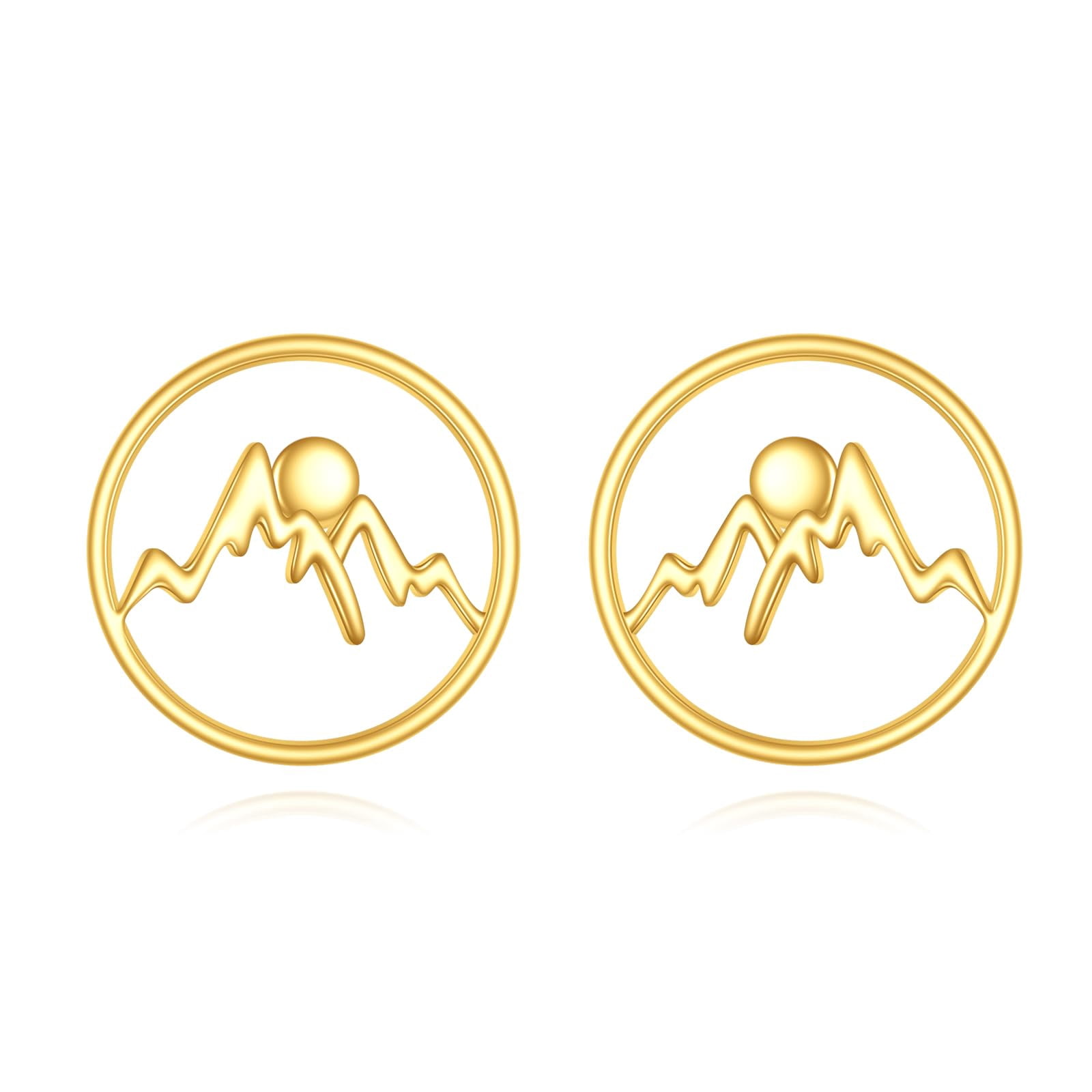 14K Solid Gold Mountain Earrings Real Yellow Gold Circle Faith Stud Jewelry Gifts for Women Minimalism Lovers
