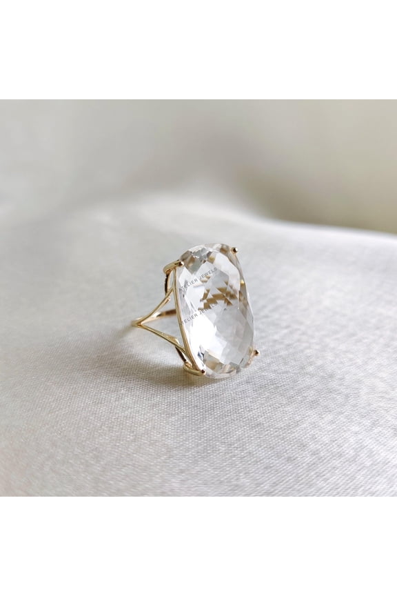 14K Solid Gold Natural Clear Quartz Ring, Cushion Cut Gemstone, April Birthstone