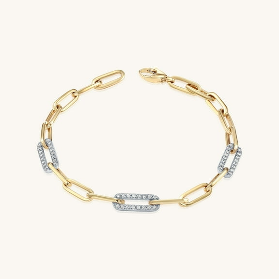 14K Solid Gold Paper Clip Bracelet with White Gold Diamond Links | 7 Inch | Everyday Jewelry for Men and Women | VS1 Clarity | .80 CT TW