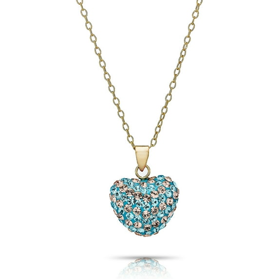 14K Solid Gold Pave Multicolor Aqua, Light Peach Crystal Puff Heart Pendant Nk Made WSwarovski Elements