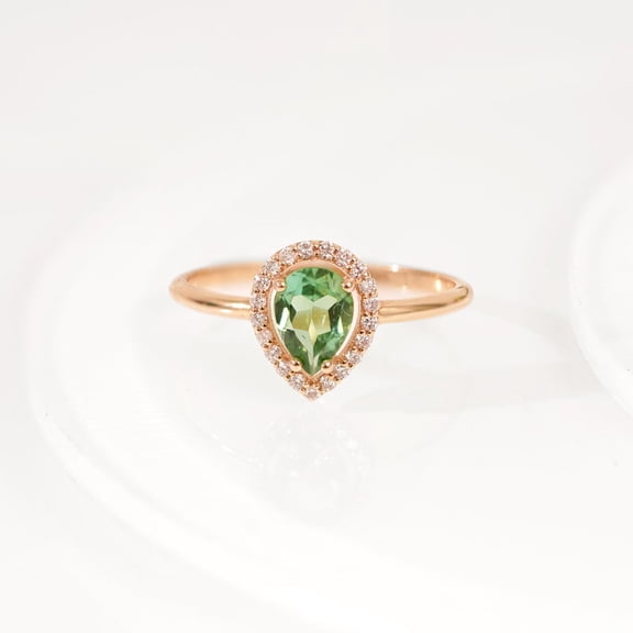 14K Solid Gold Plated Pear Shaped Green Tourmaline (7mm x 5mm) Engagement Ring with Diamond Halo / Yellow, White or Rose Gold / Graduation / Gift