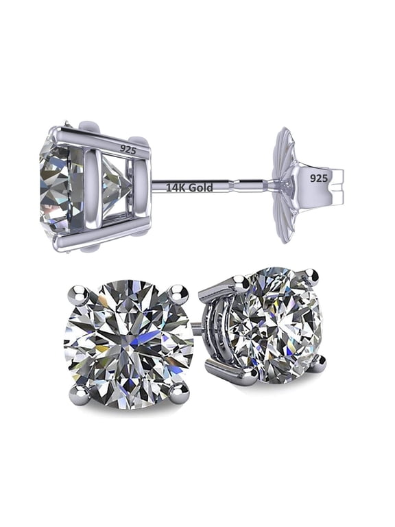 14K Solid Gold Post & Sterling Silver Made with Swarovski 4 Prong CZ Stud Earrings - Platinum Plated - 5.25mm - 1.00cttw