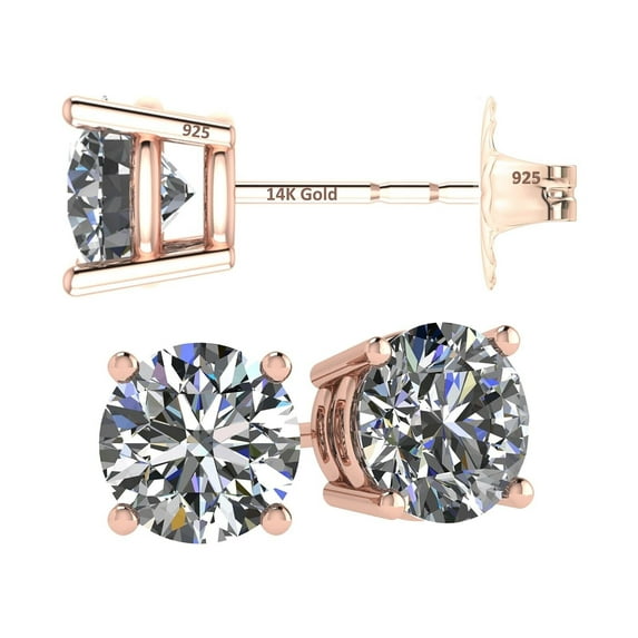 Central Diamond Center 14K Solid Gold Post & Sterling Silver Made with Swarovski 4 Prong CZ Stud Earrings - Rose Gold Plated - 5.25mm - 1.00cttw