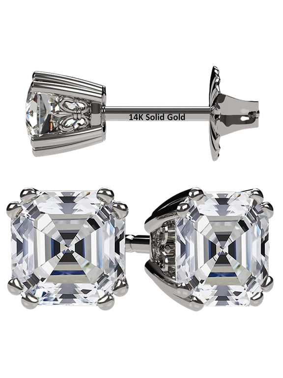 14K Solid Gold Posts & Sterling Silver Asscher Cut CZ Stud Earrings Hypoallergenic, 4mm 0.75cttw - Platinum