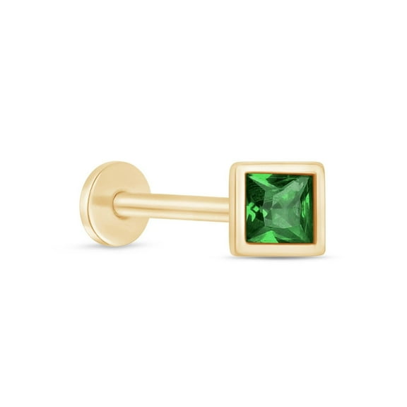14K Solid Gold Princess Cut Emerald Flat Back Earring for Women Cartilage Earring Threaded Tragus Helix Piercing Jewelry Small Sing Stud Earring for Upper Ear