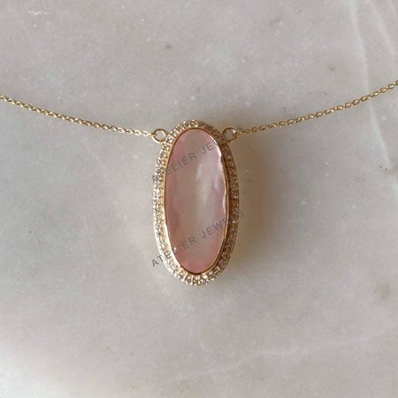 14K Solid Gold Rose Quartz Pendant Necklace with White Topaz