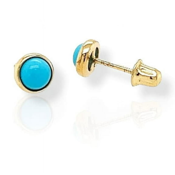 14K Solid Gold Round Turquoise Bezel Stud Earrings | Sleeping Beauty Turquoise Earrings | 14k Gold Screw Back Earrings