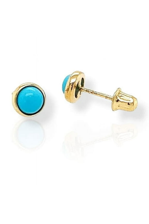 14K Solid Gold Round Turquoise Bezel Stud Earrings | Sleeping Beauty Turquoise Earrings | 14k Gold Screw Back Earrings