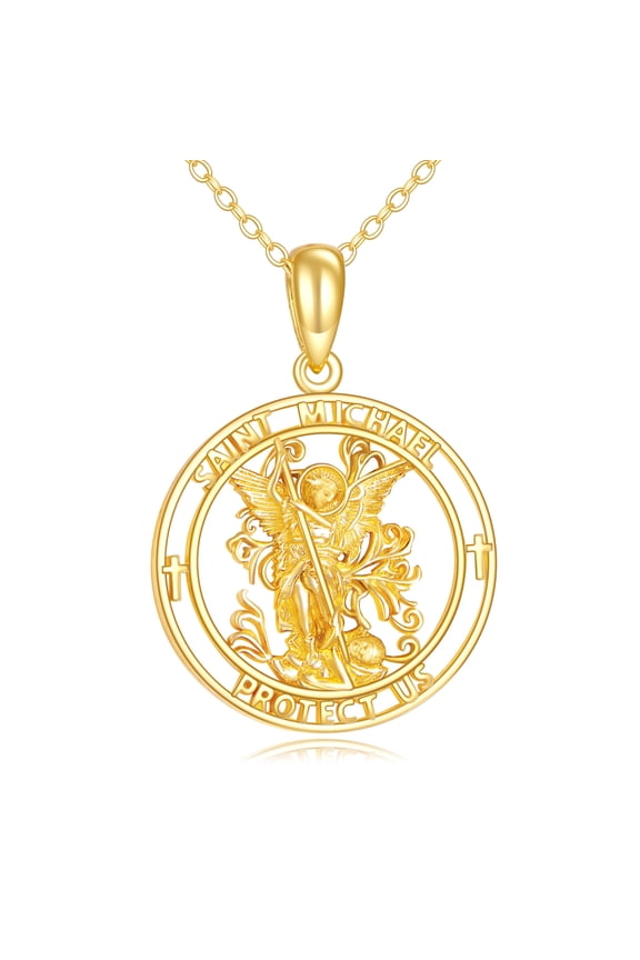 14K Solid Gold Saint Michael Necklace Patron Saint Pendant Real Yellow Gold Religious Jewelry Gifts for Women (St. Michel)
