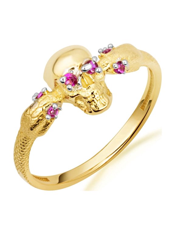 14K Solid Gold Skull Ring with Red Cubic Zirconia/ Ring- Size 8