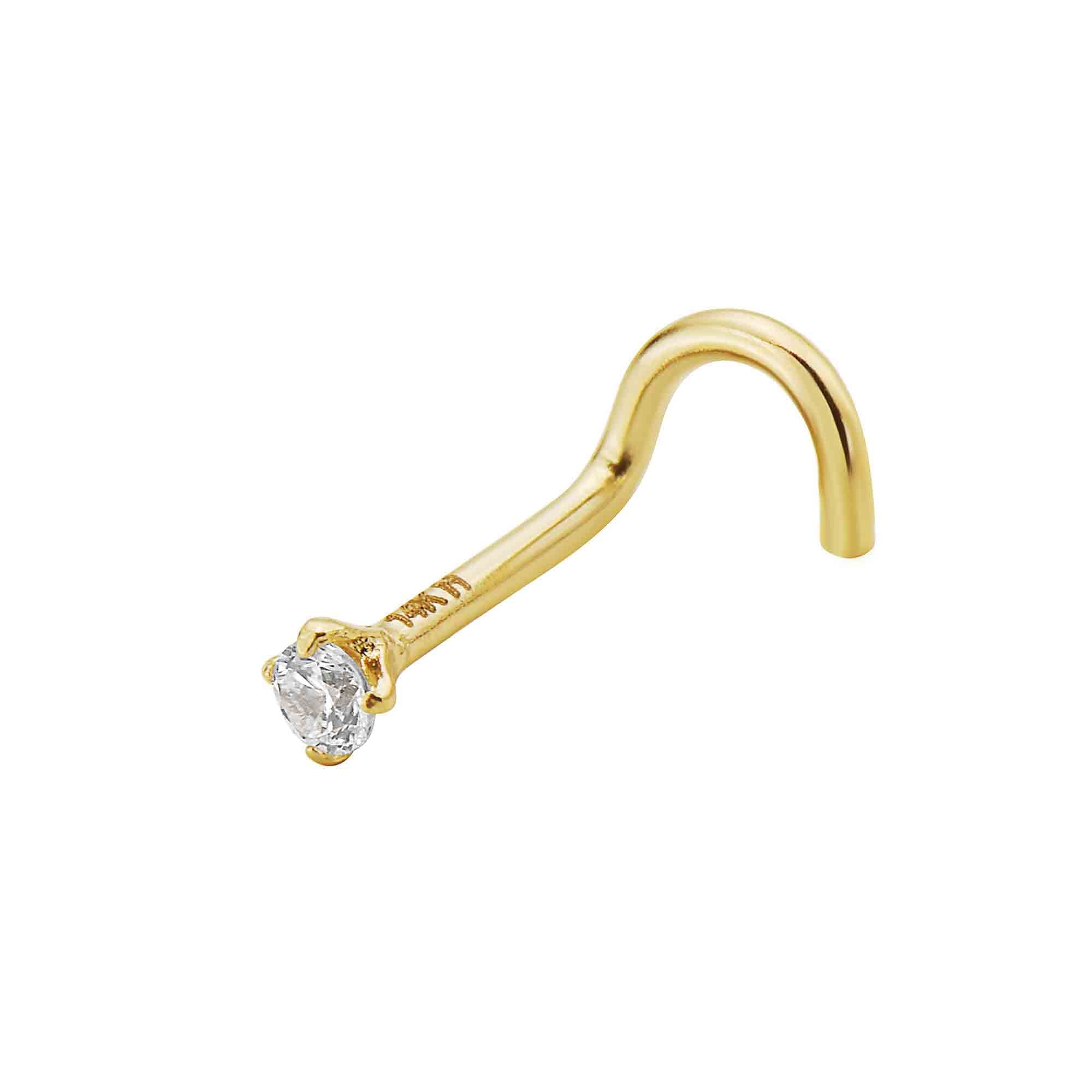 14K Solid Gold Twist Nose Ring Piercing with CZ Prong Set