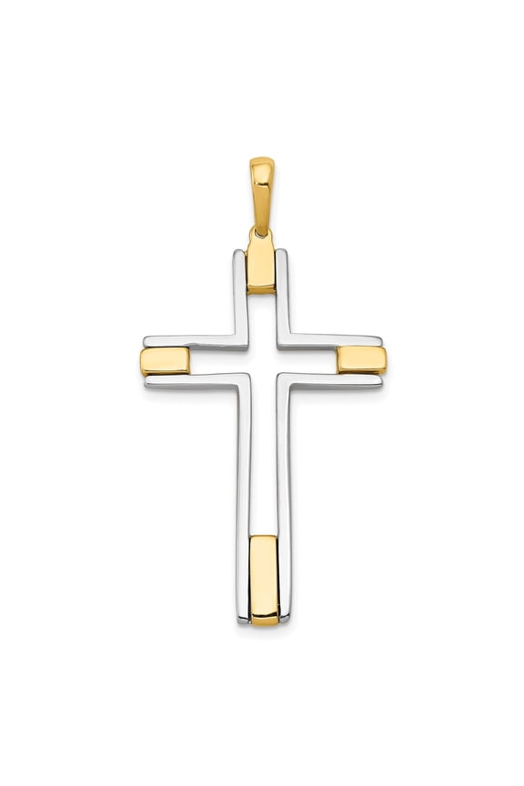 14K Solid Gold Two Tone Latin Cross Pendant Necklace for Men and Women Modern Religious Jewelry with Polished Finish Stylish Spiritual Symbol for Daily Wear