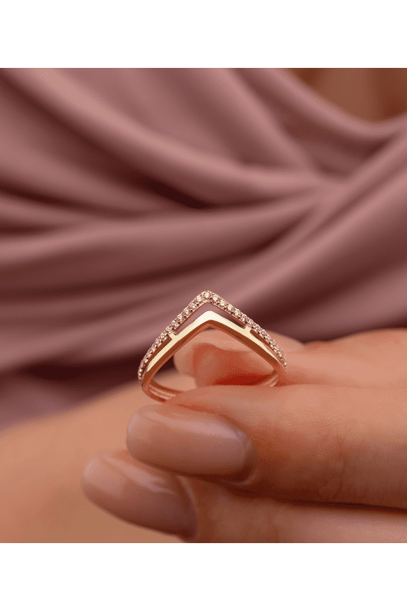 14K Solid Gold V Shaped CZ Chevron Ring