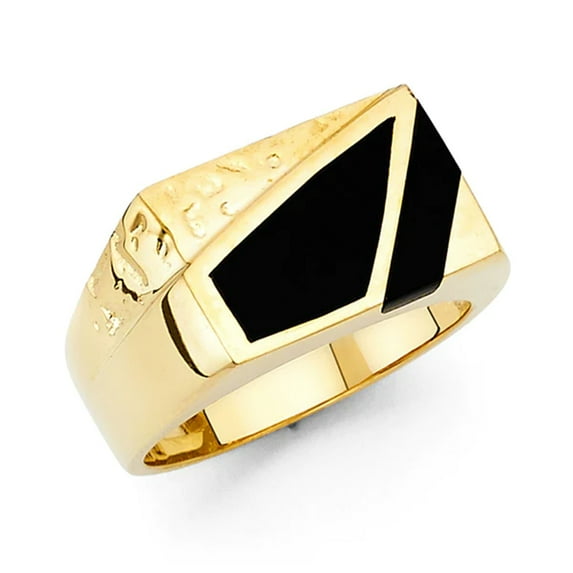 14K Solid Gold twin Black Onyx Trapezoid Beaten Gold finish 10 mm wide Men’s Ring (RS 14)