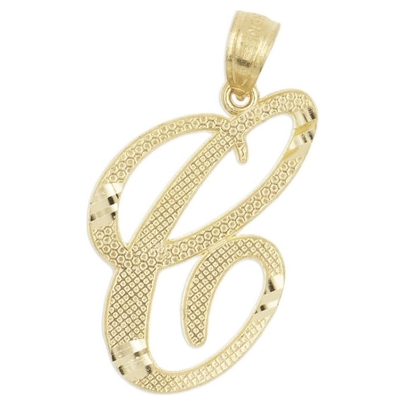 14K Solid Real Gold Personalized Cursive C Initial Pendant, Available in Different Letters Charm with Diamond Cut Gifts for Her with 18 Inch Gold Chain