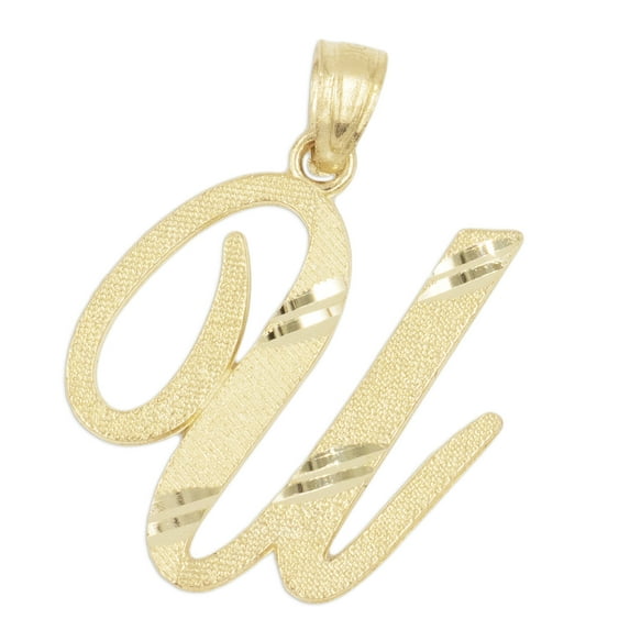 14K Solid Real Gold Personalized Cursive U Initial Pendant, Available in Different Letters Charm with Diamond Cut Gifts for Her with 16 Inch Gold Chain