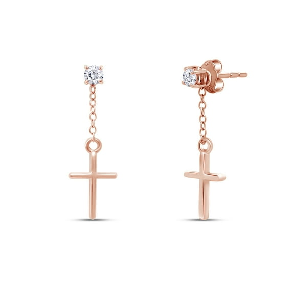 14K Solid Rose Gold Lab Created Moissanite Diamond Cross Earrings for Women, Stud Drop Earring Religious Jewelry Gifts for Her
