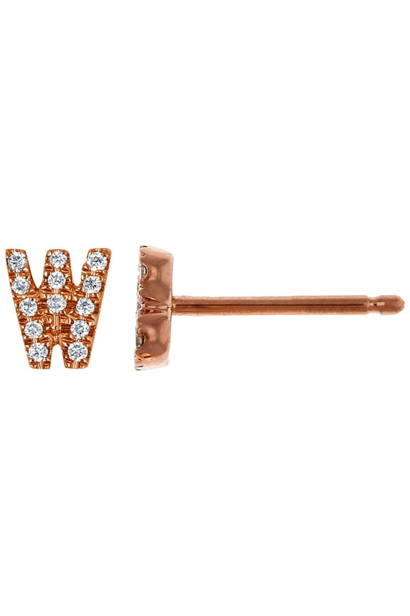14K Solid Rose Gold Natural Diamond Initial 'W' Letter Mix & Match SINGLE Stud Earring (Half Pair)