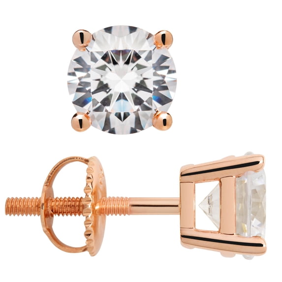 14K Solid Rose Gold Stud Earrings | Round Cut Cubic Zirconia | Screw Back Posts | 2.0 CTW | With Gift Box | Everyday Elegance